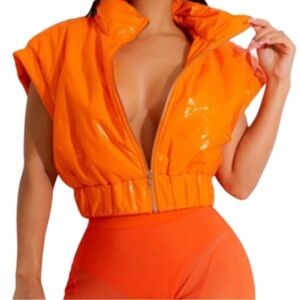 NEW High Shine Orange Vinyl Cropped Puffer Vest | Women's Medium